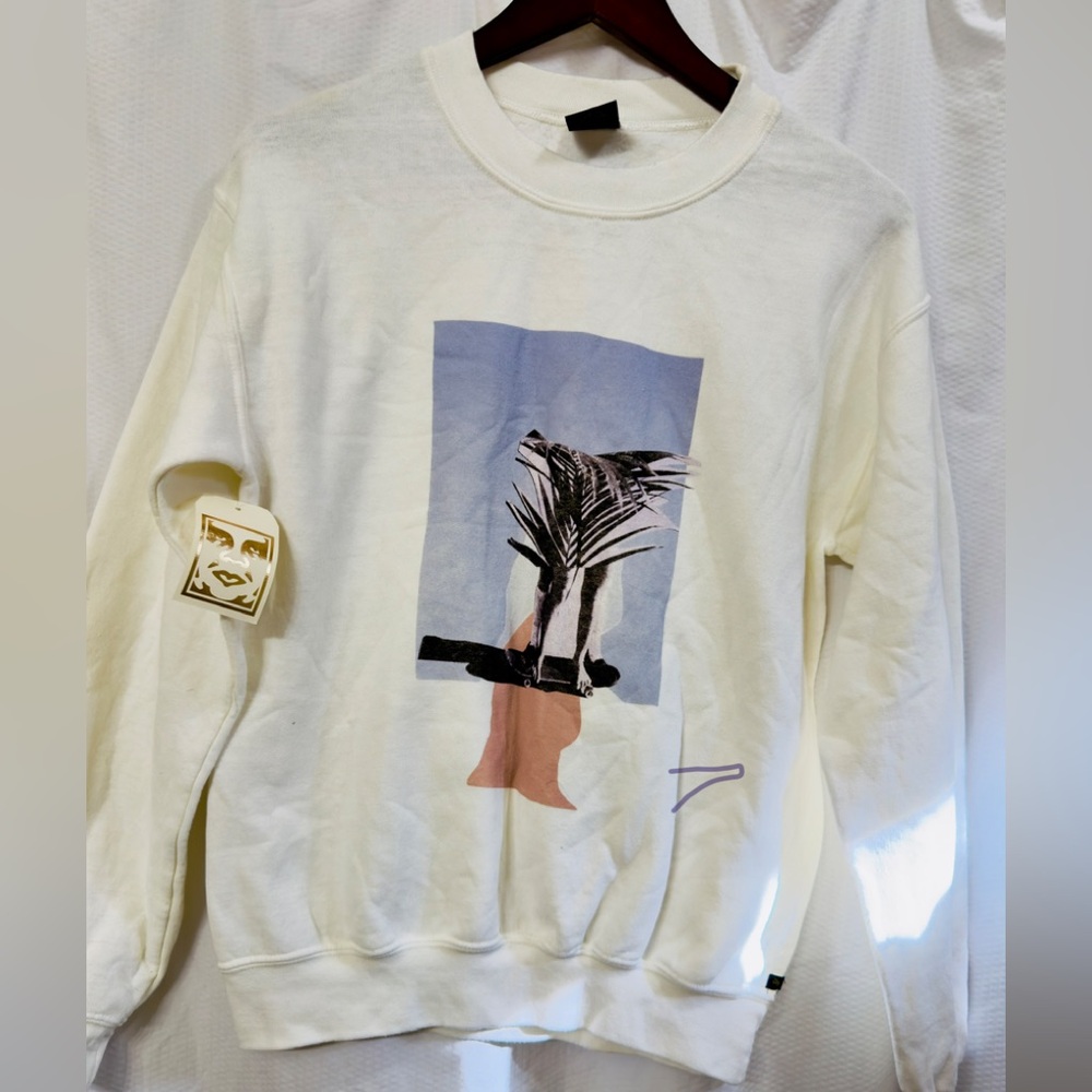Vintage Obey Clothing Women's White Throwback‎ Graphic Fleece Crewneck Sweater S